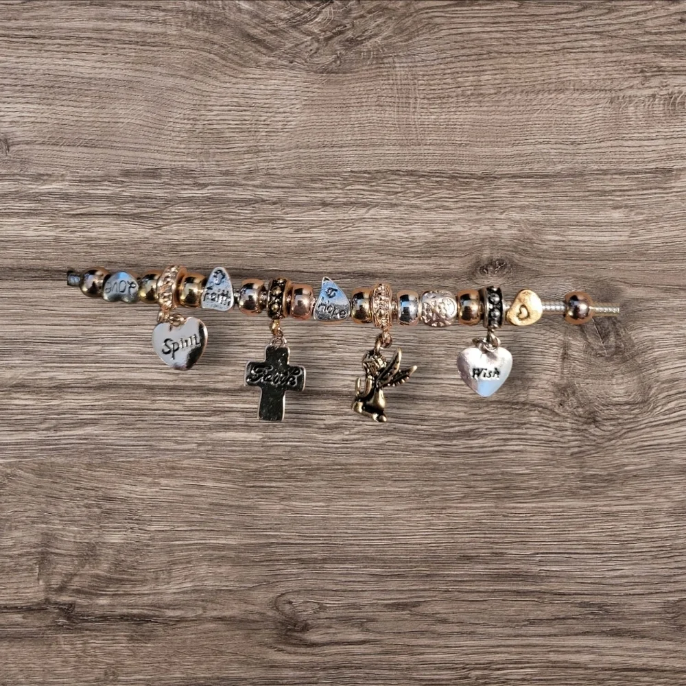 Vintage Style Faith Charm Bracelet, Gold Tone, Mid-weight, Approx. 8